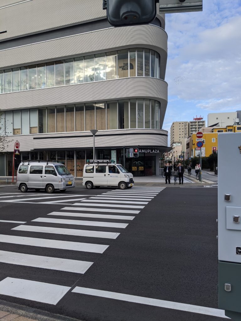 アミュプラザみやざき　アクセス④
国道の横断歩道。奥にアミュプラザみやざきのやま館。